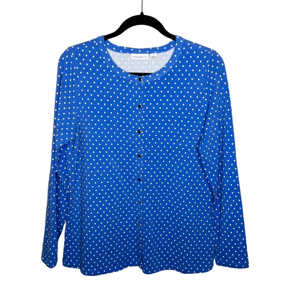 SUSAN GRAVER / blue white polka dot button front long sleeve cardigan shirt / M